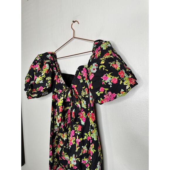 CAROLINE CONSTAS Reyna Black Floral Puff Sleeve Empire Waist Maxi Dress Size M - Picture 11 of 16